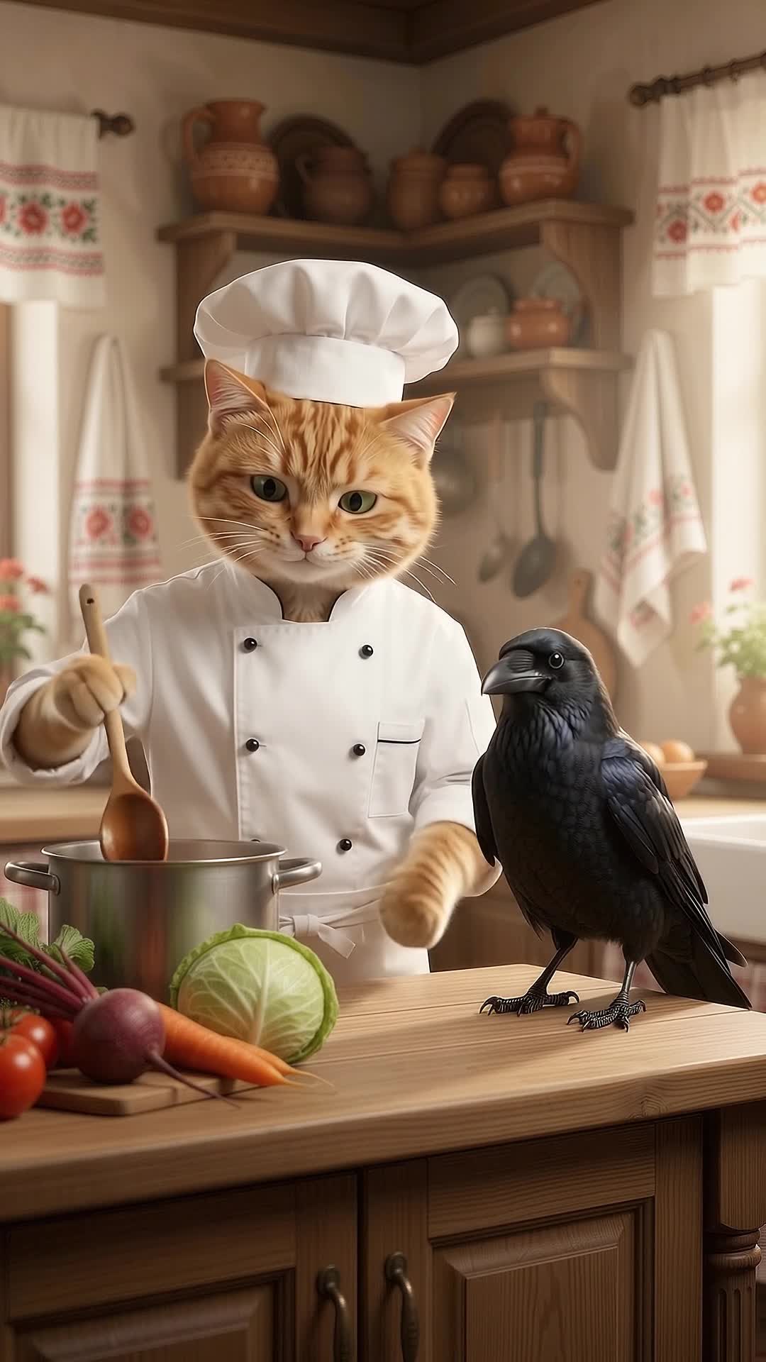 Chef Ginger, an orange tabby cat wearing a white chef’s uniform, with Reggie the black raven in their cosy country kitchen